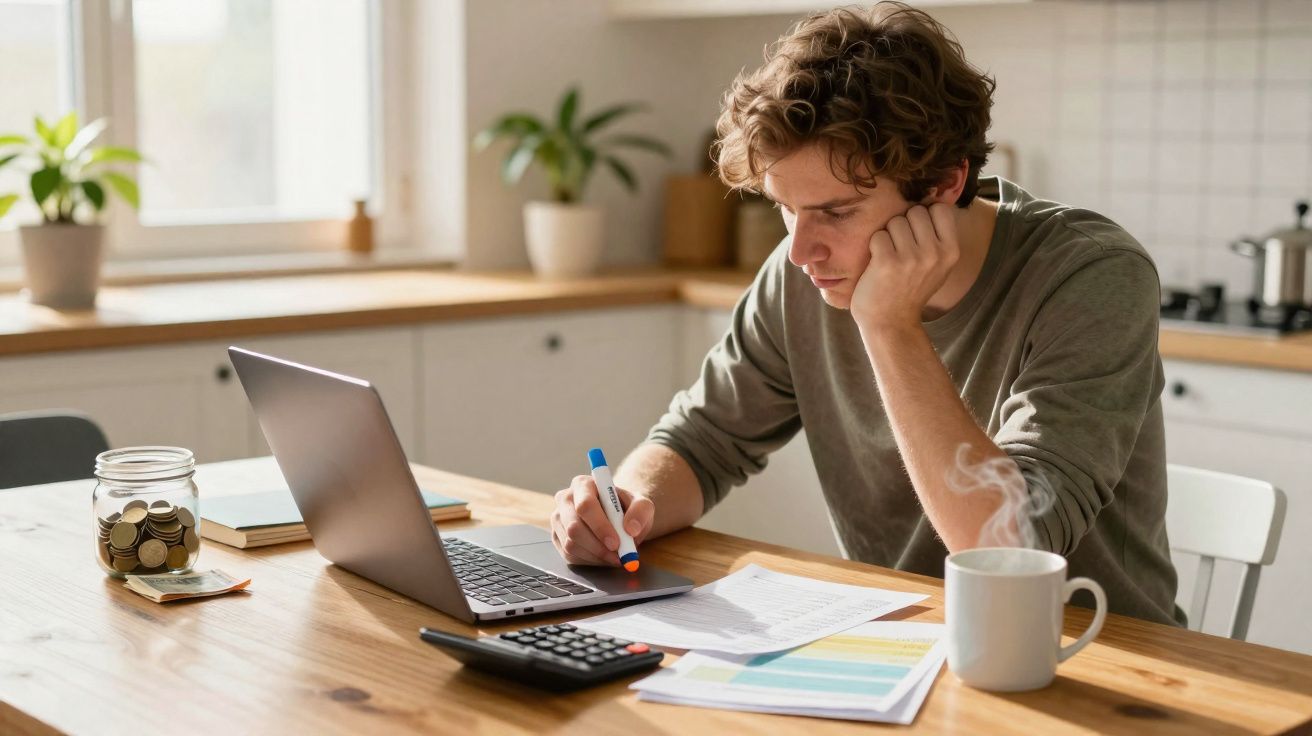Jovem sentado à mesa a trabalhar com computador, documentos, calculadora, jarro de moedas e chá fumegante.