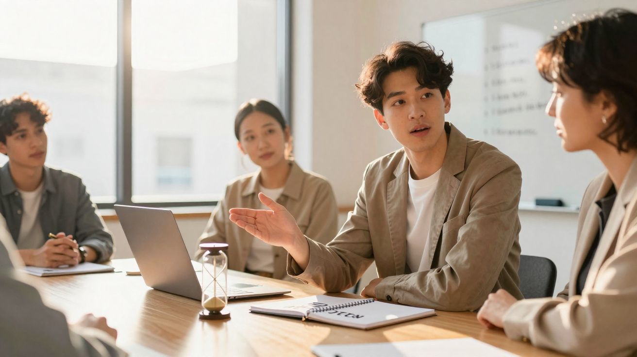 Quatro jovens reunidos numa sala de reuniões, com computador portátil e blocos de notas na mesa.