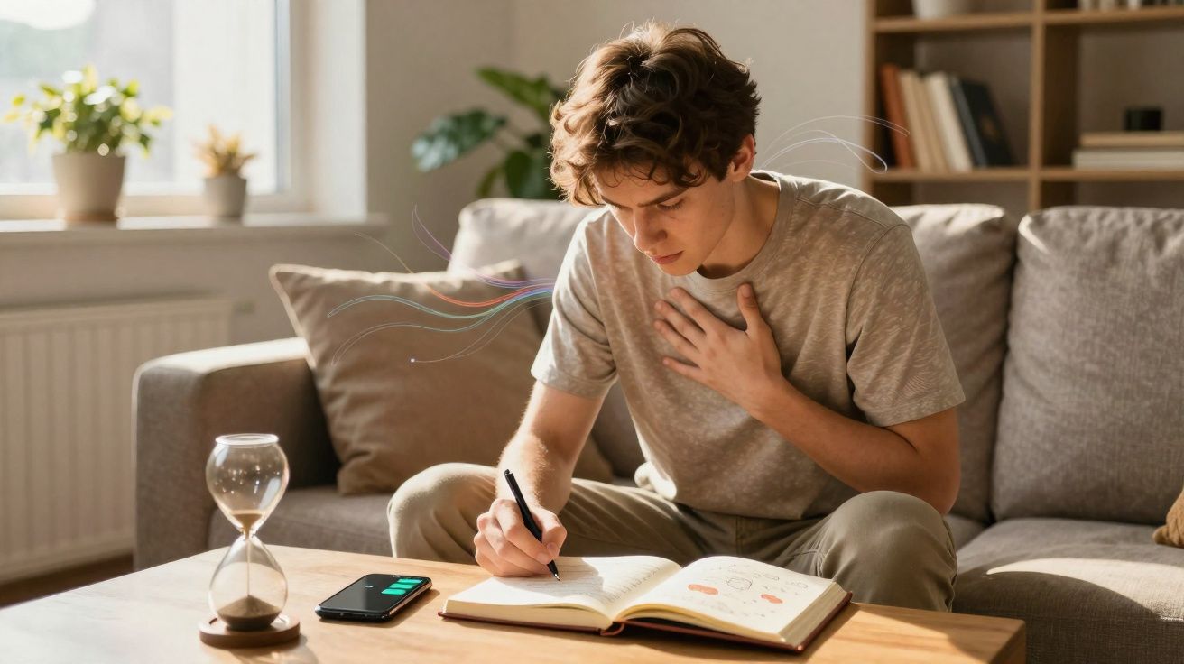 Jovem sentado no sofá escrevendo num caderno, com mão na região do peito, ao lado de smartphone e ampulheta.