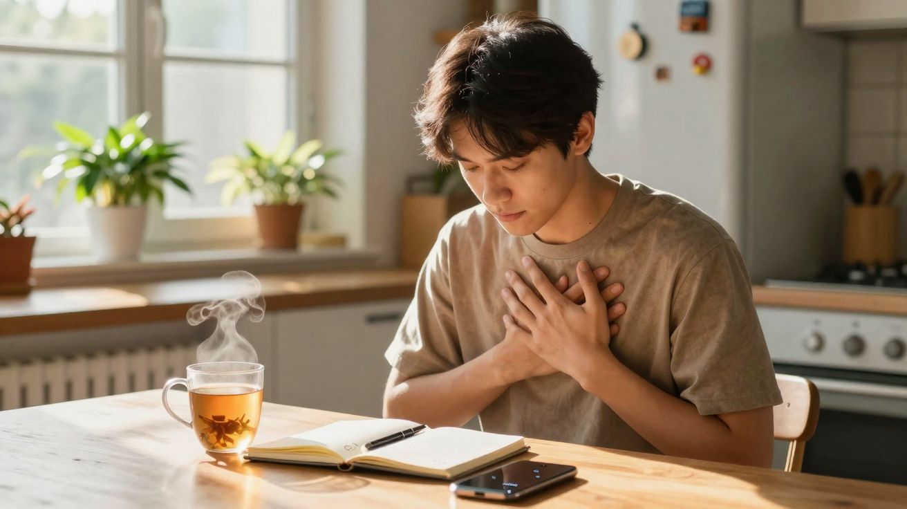 Jovem sentado à mesa, com as mãos no peito, chá fumegante, caderno aberto e telemóvel à frente.