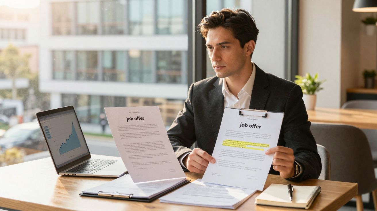 Homem de negócios sentado à mesa com ofertas de emprego e portátil aberto com gráfico no ecrã.