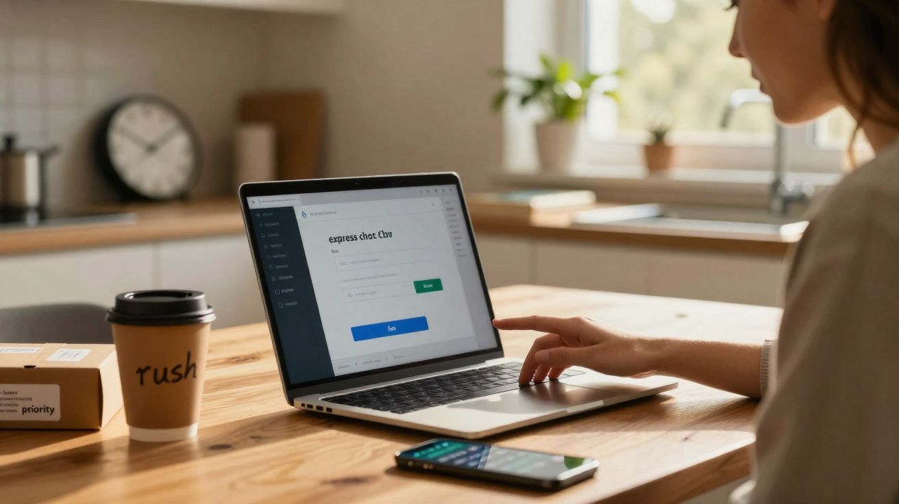 Pessoa a usar um computador portátil numa cozinha, com um telemóvel e café num frasco de papel na mesa.