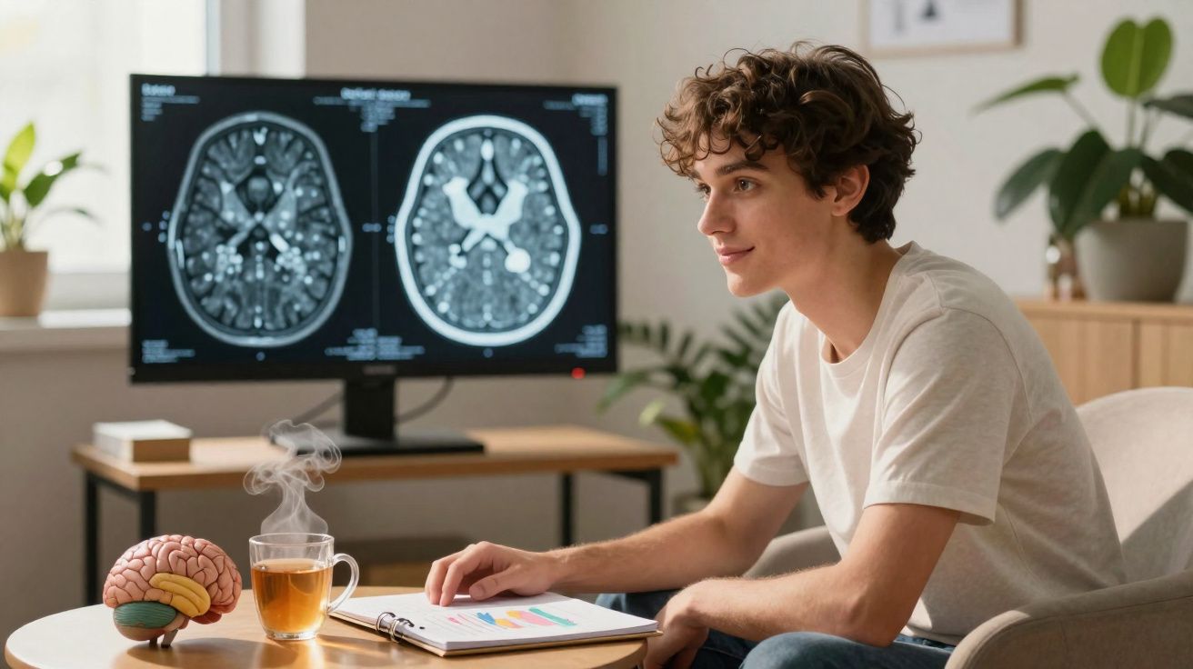 Jovem sentado em sala com modelo de cérebro, chá quente e imagens de ressonância magnética cerebral num ecrã.