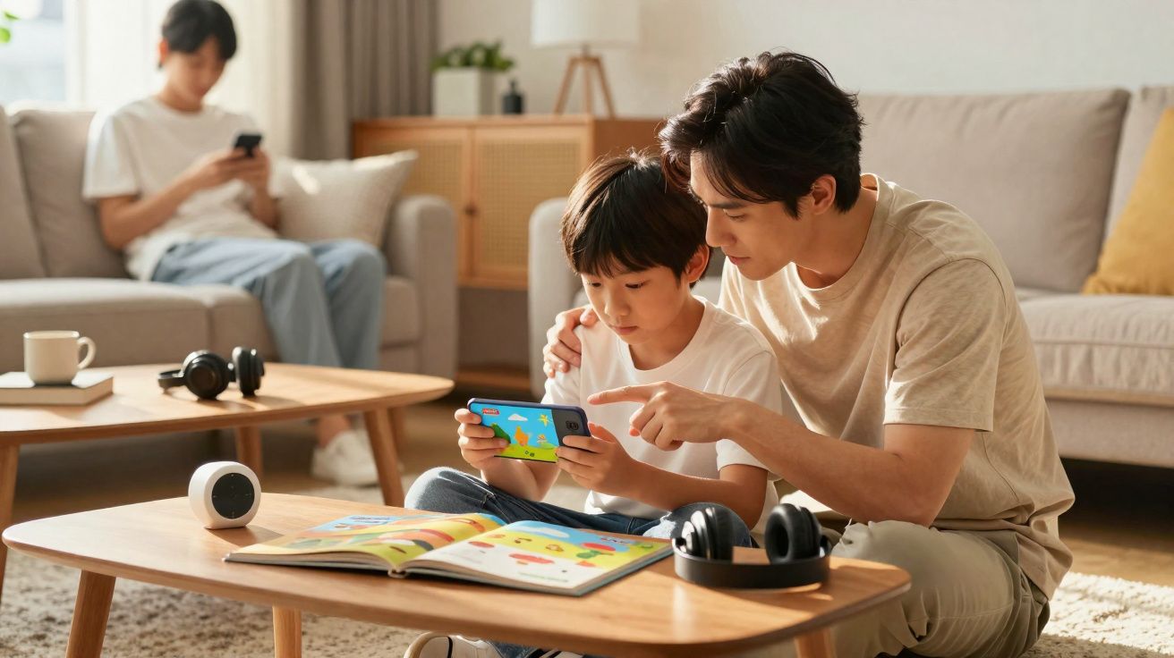 Pai ajuda filho a jogar videojogo num smartphone enquanto mulher está sentada ao fundo numa sala acolhedora.