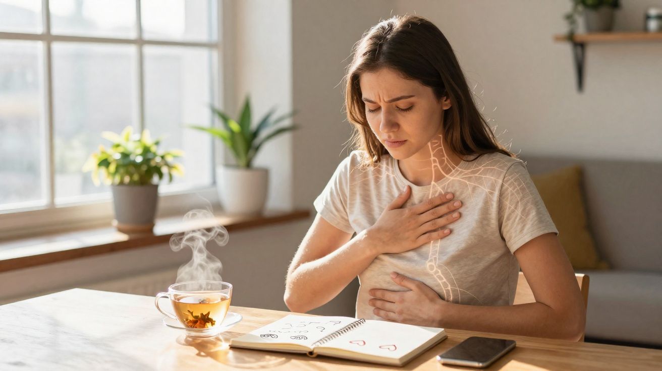 Mulher com expressão de dor a segurar o peito, sentada à mesa com chá, caderno e telemóvel à frente.
