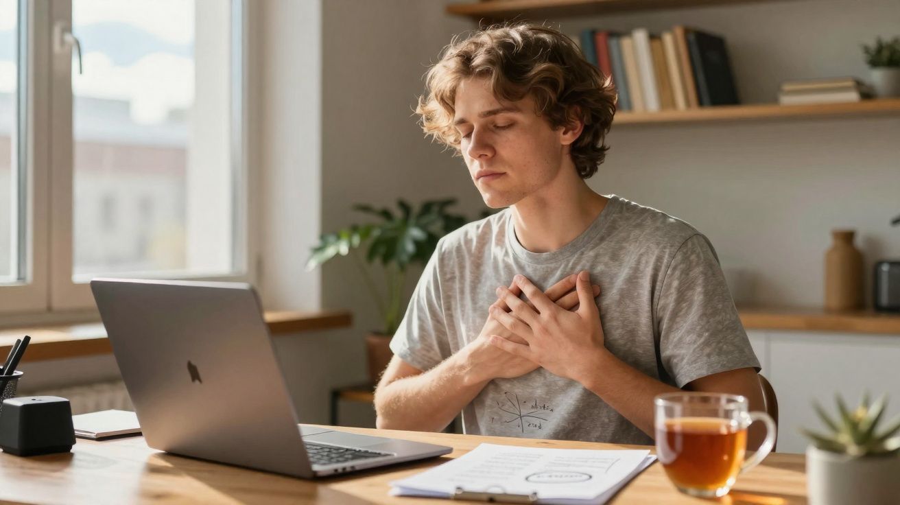 Jovem sentado à mesa em casa, mãos no peito, aparenta desconforto, com laptop, chá e papéis à sua frente.