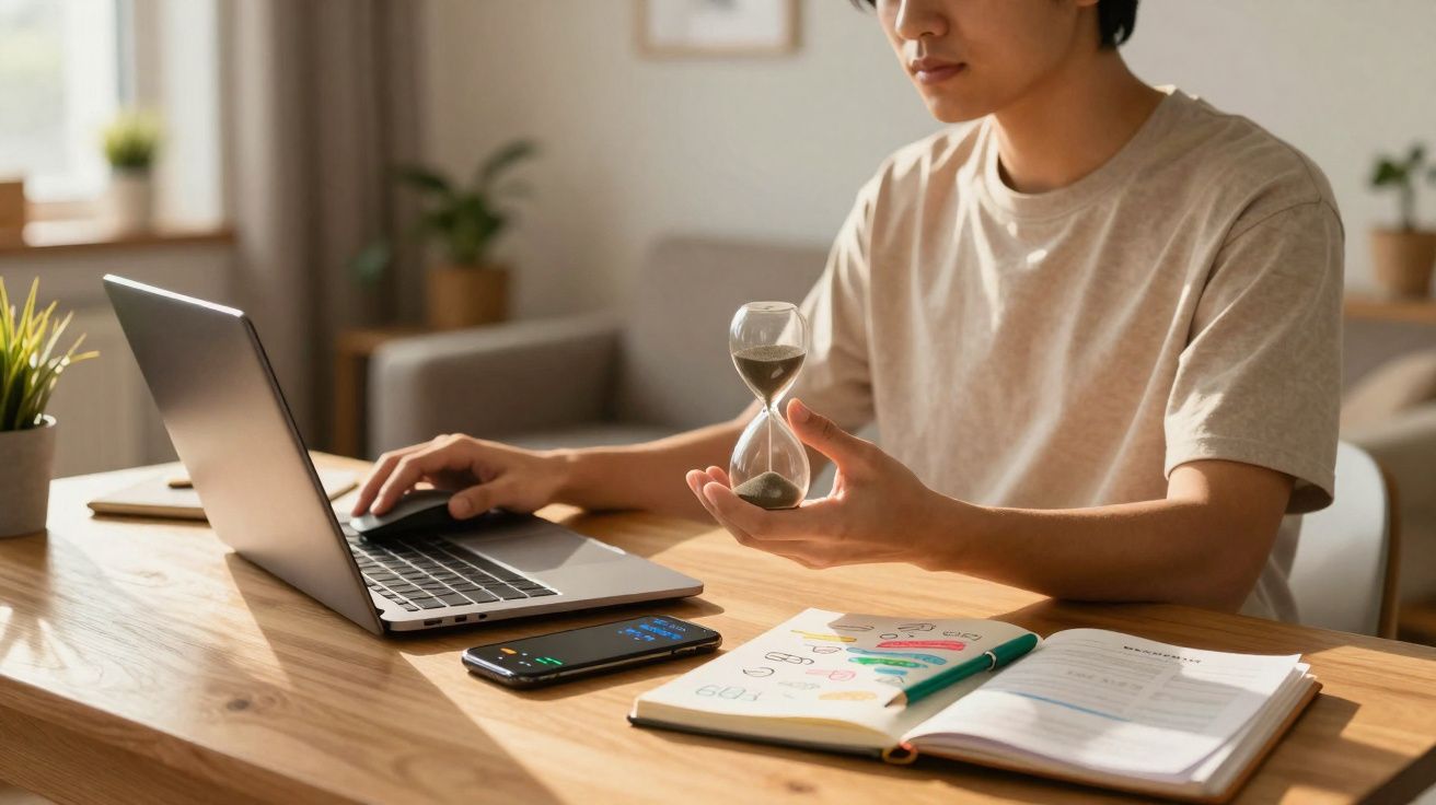Pessoa a trabalhar num computador portátil com ampulheta, smartphone e caderno numa mesa de madeira.