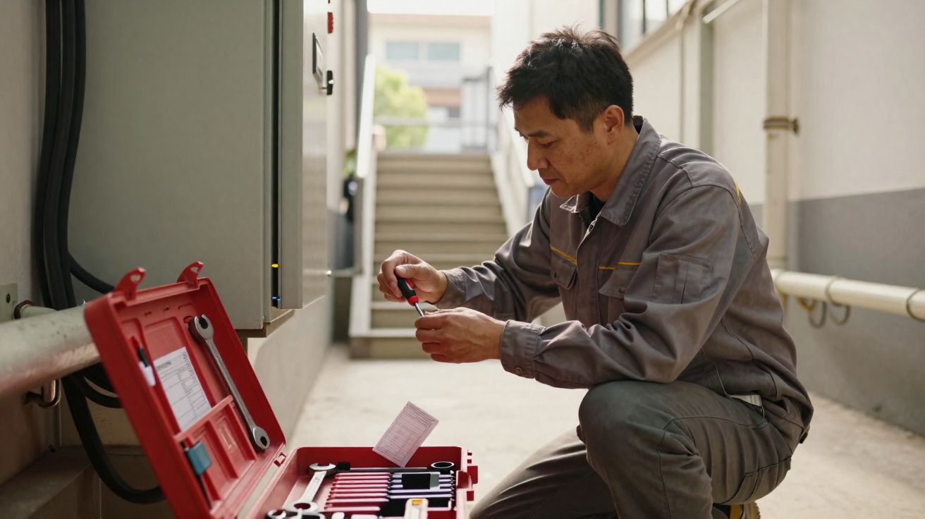 Técnico com uniforme cinzento a usar uma ferramenta perto de uma caixa de ferramentas vermelha aberta num corredor interior.
