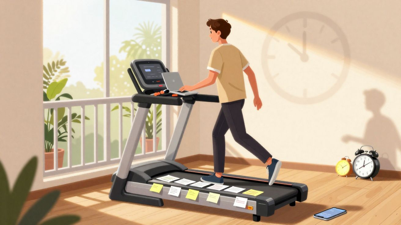 Pessoa a correr numa passadeira com notas adesivas e computador portátil, luz natural entra pela janela grande.