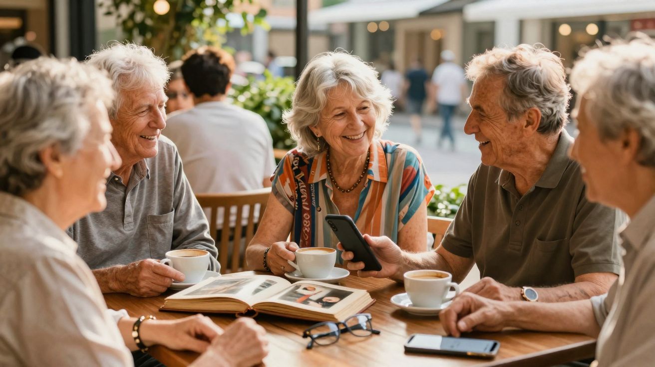 Grupo de idosos a sorrir e conversar numa esplanada com café e um álbum de fotos sobre a mesa.
