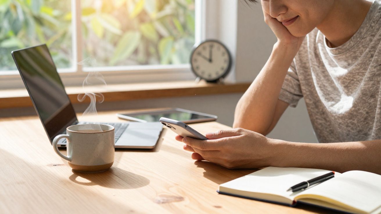 Pessoa a usar telemóvel junto a computador portátil, caderno aberto e chávena de chá fumegante numa mesa de madeira.