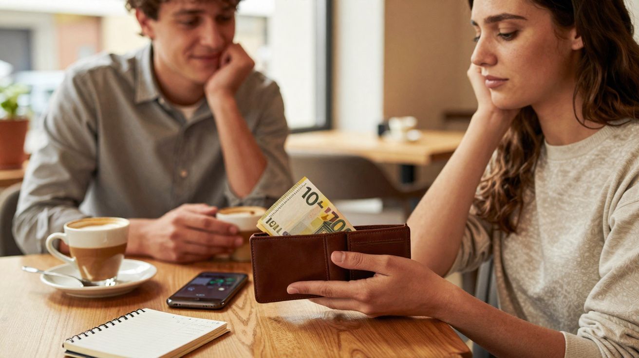 Mulher mostra carteira com dinheiro, homem observa, ambos sentados numa mesa de café com café e telemóvel.