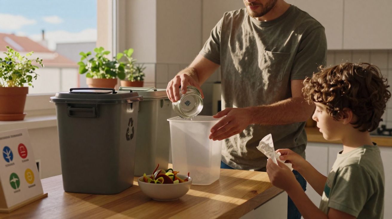 Homem e criança a separar lixo doméstico em recipientes na cozinha, junto a uma mesa com frutas e plantas.