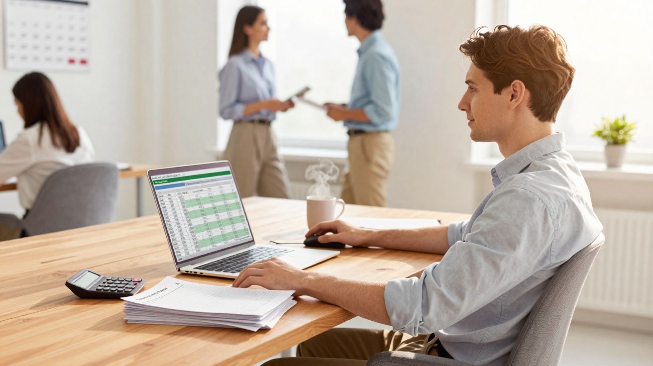 Homem a trabalhar num computador portátil com tabela de dados numa mesa de escritório moderno.