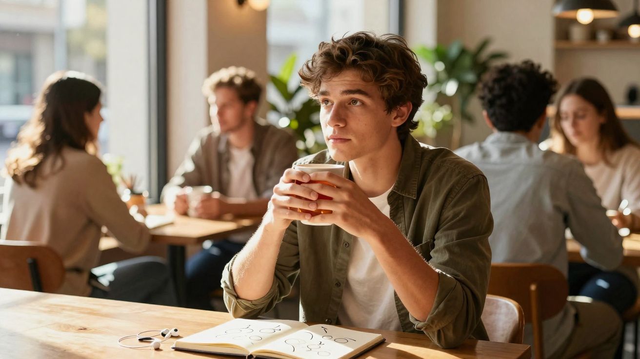 Jovem sentado numa cafetaria a segurar uma chávena, com livro aberto à frente e outras pessoas ao fundo.