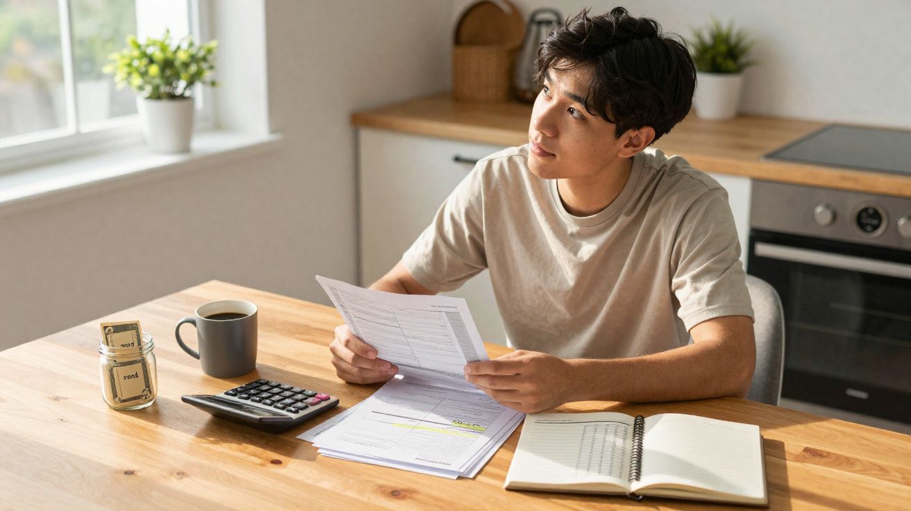 Jovem sentado à mesa com documentos, calculadora, caderno e jarro com dinheiro, refletindo na cozinha iluminada.