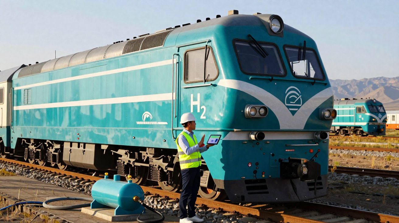 Homem com colete refletor e capacete inspeciona locomotiva azul marcada com H2 numa linha férrea.