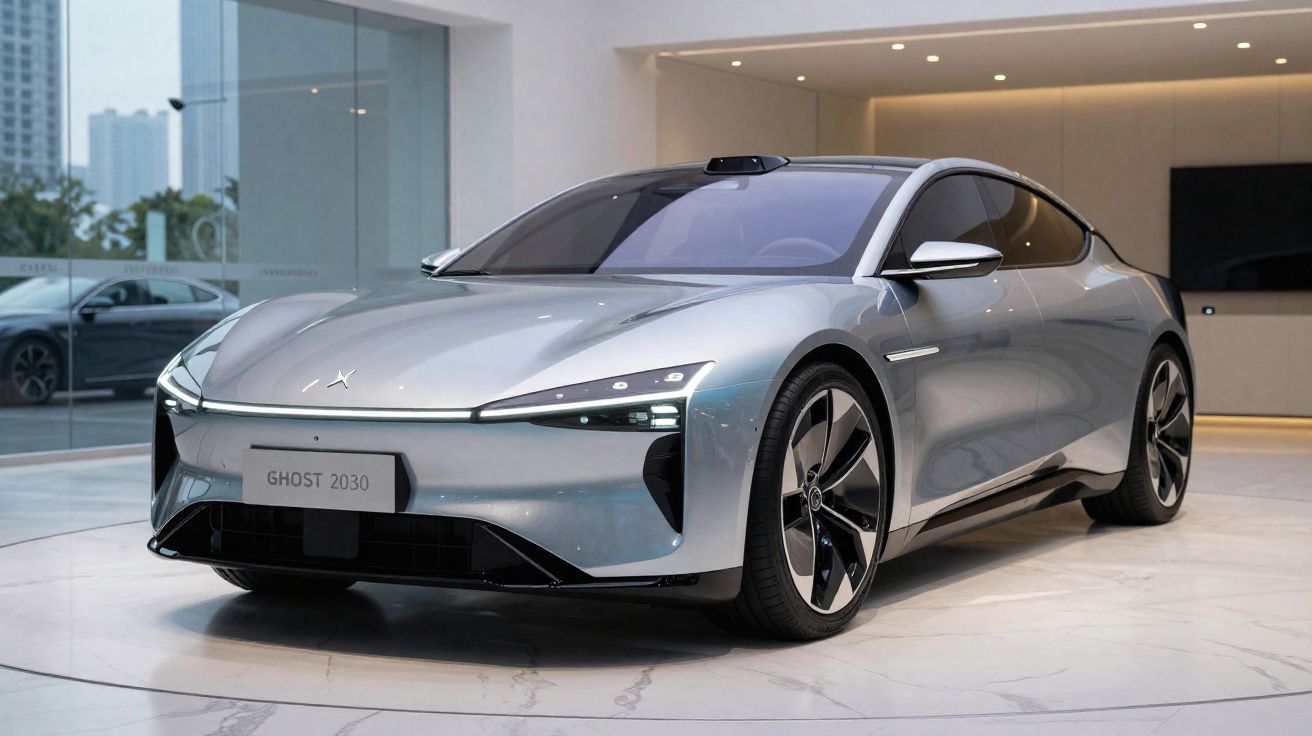 Carro elétrico desportivo cinza prata em exposição num showroom moderno e luminoso.