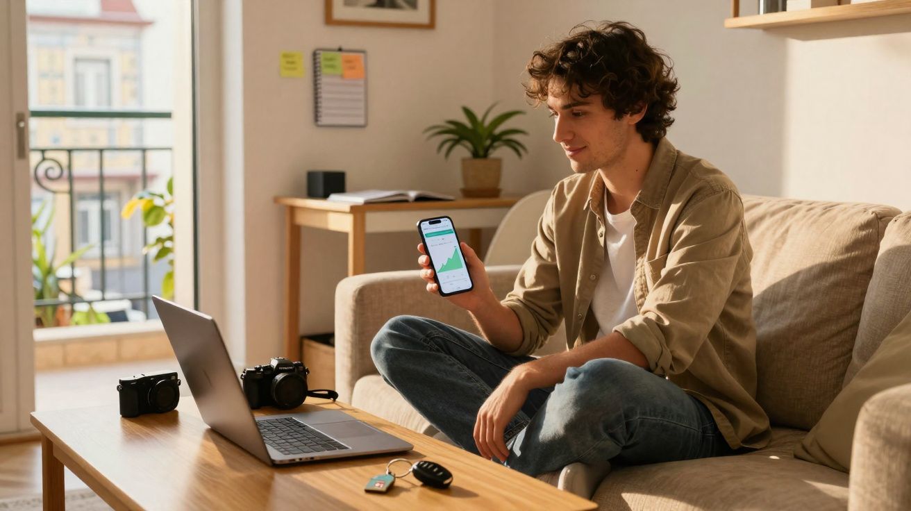 Homem sentado no sofá a mostrar um gráfico num smartphone, com portátil e câmaras numa mesa de madeira.