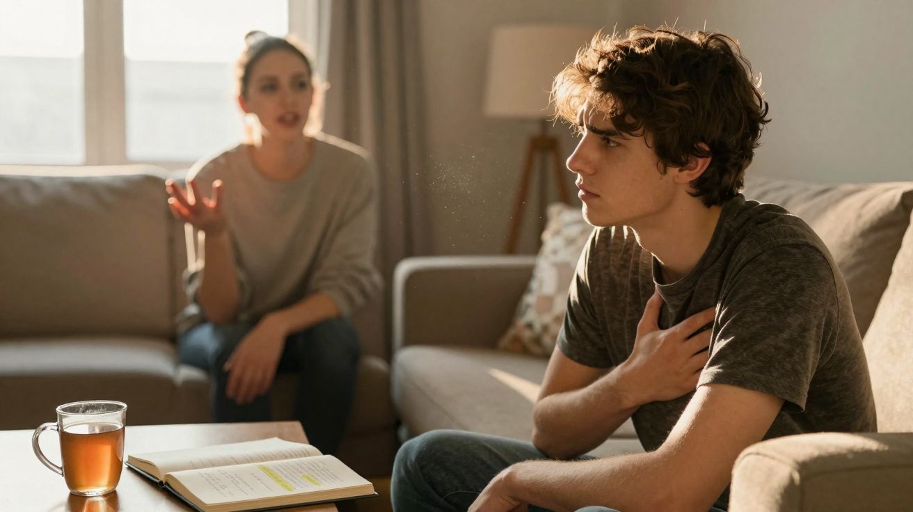 Jovem sentado numa sala com expressão preocupada enquanto mulher fala ao fundo, ambos em ambiente doméstico.