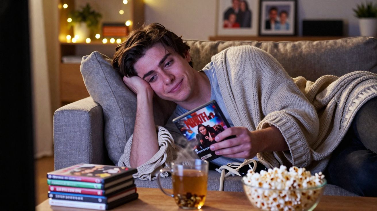 Jovem deitado no sofá embrulhado numa manta, a escolher um DVD para ver, com pipocas e chá na mesa à frente.