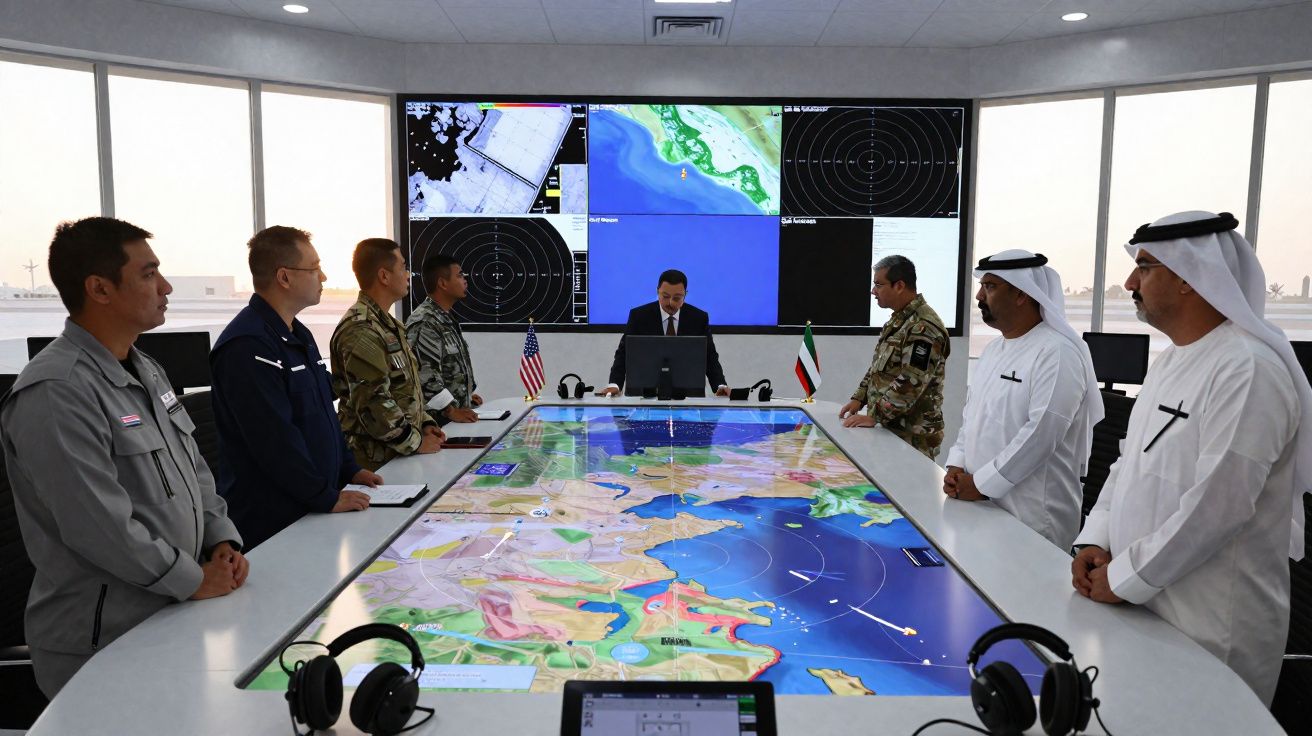 Grupo de militares e diplomatas reunidos em torno de mesa digital de mapa estratégico numa sala de controlo.