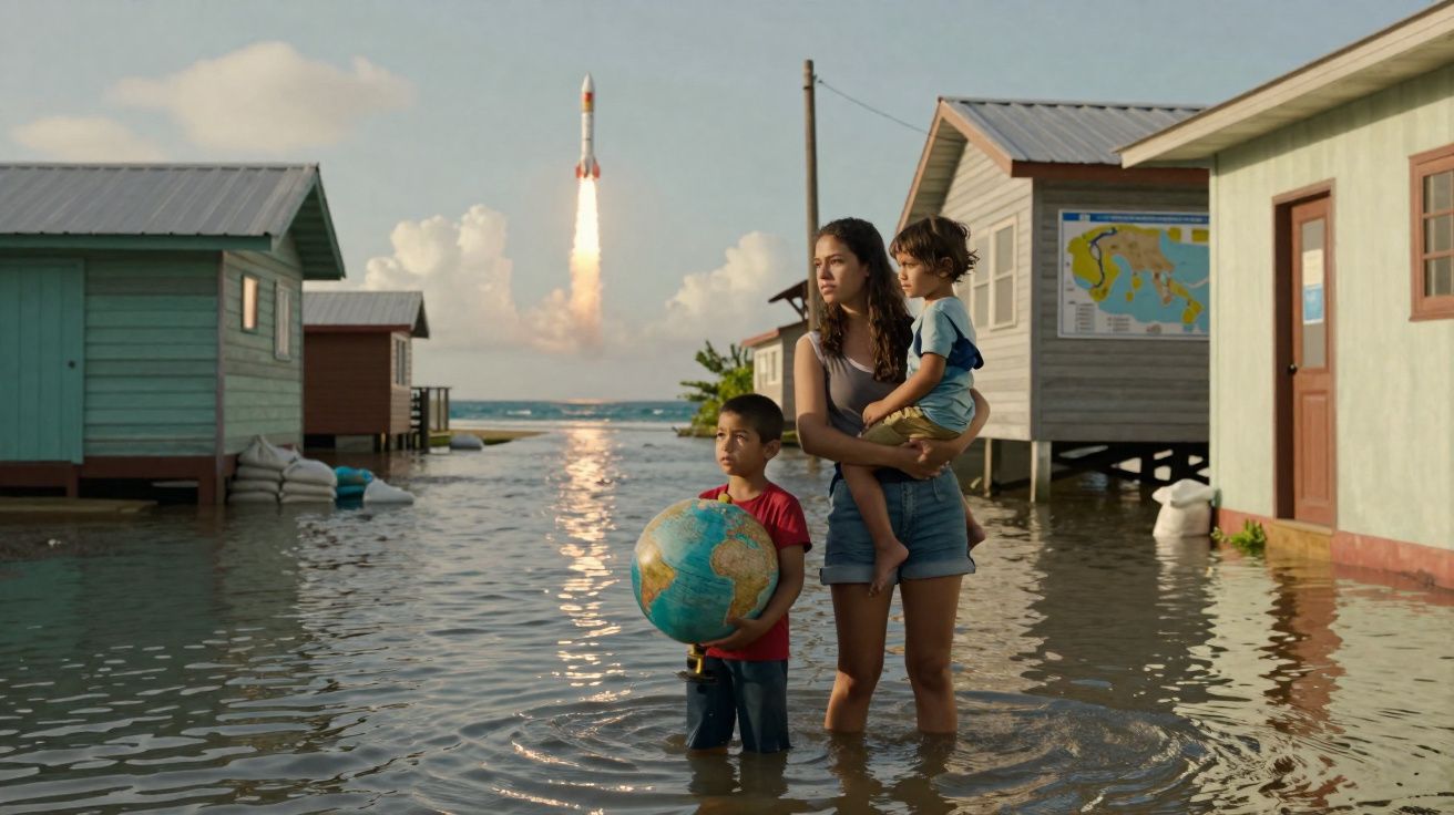 Mulher e duas crianças em água até aos joelhos em zona alagada com lançamento de foguetão ao fundo.