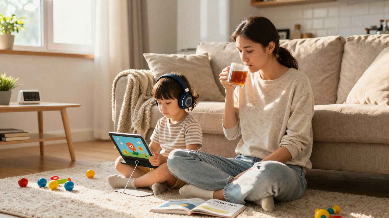 Mulher sentada no chão a beber chá e criança com auscultadores a ver tablet numa sala iluminada.