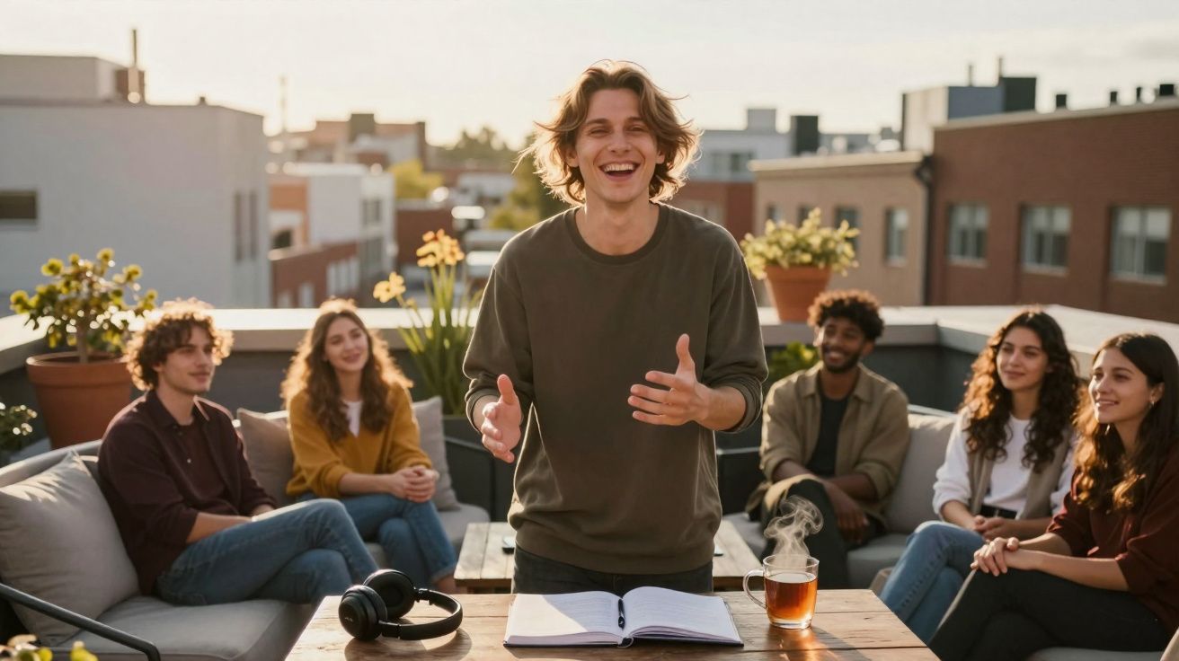 Grupo de jovens sentado numa esplanada, com um rapaz em pé a falar e sorrir para os amigos.