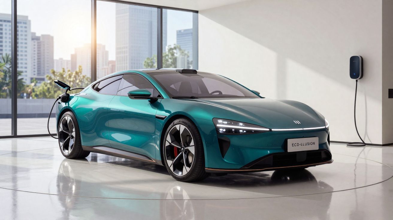 Carro elétrico desportivo verde a carregar numa estação interior com janelas grandes e vista urbana.