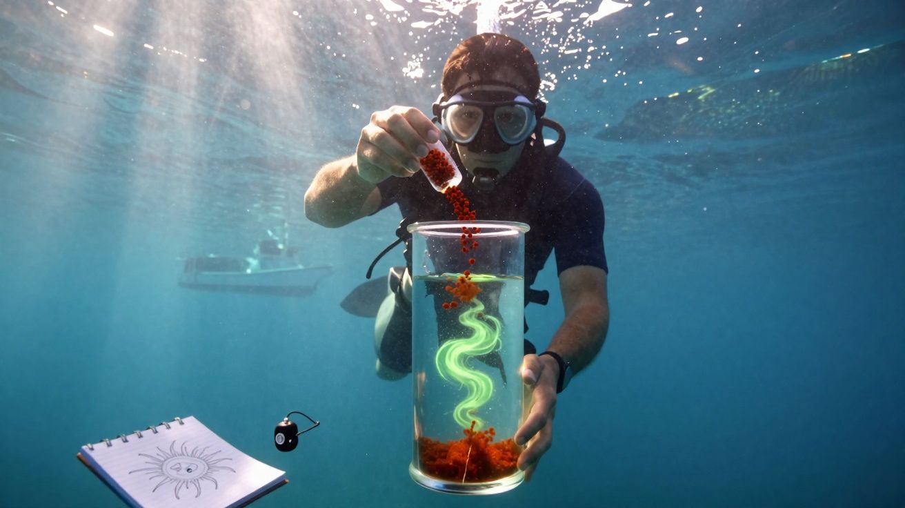 Mergulhador com equipamento a despejar material vermelho num frasco transparente com padrão luminescente dentro de água.