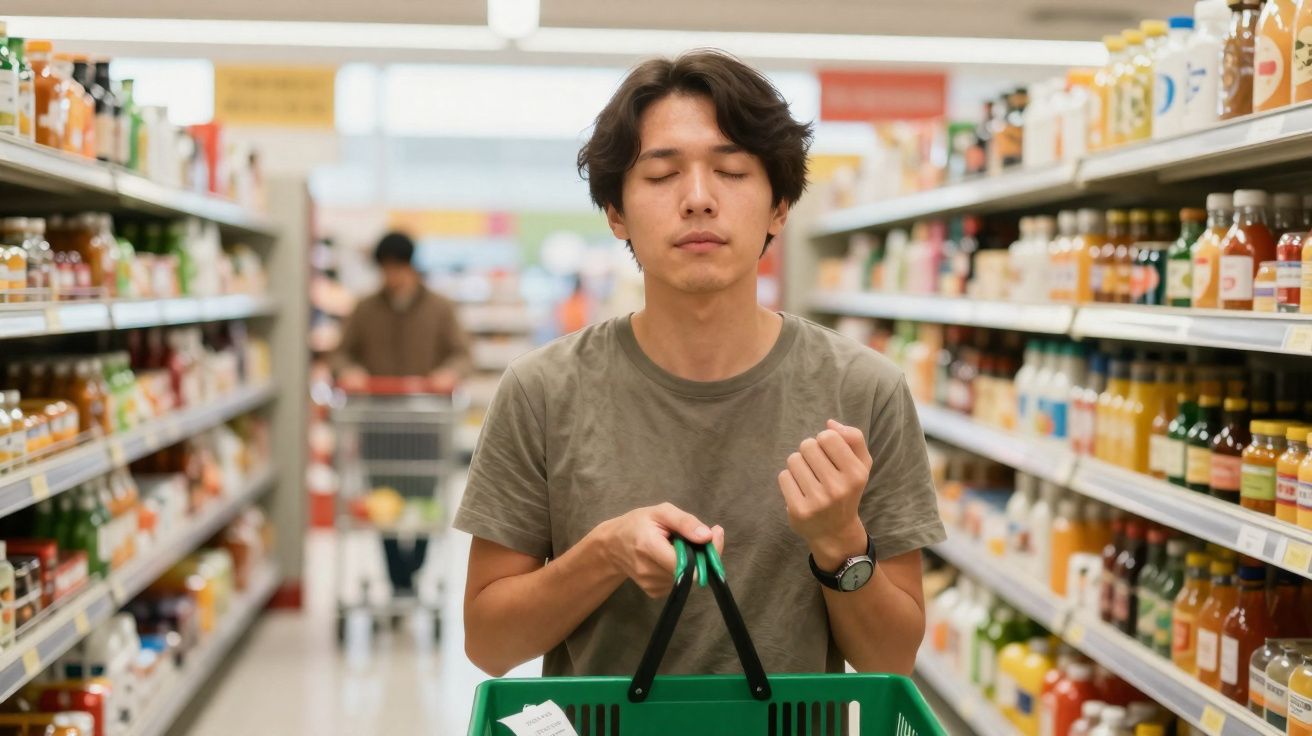 Homem jovem de olhos fechados segura cesta de compras num corredor de supermercado com prateleiras cheias.