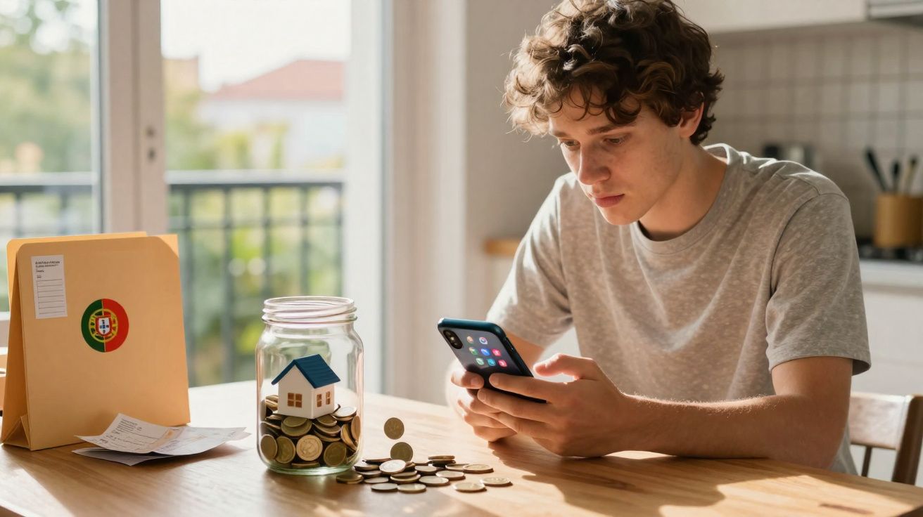 Homem jovem a calcular poupanças para casa com moedas num frasco e telefone à frente numa mesa.