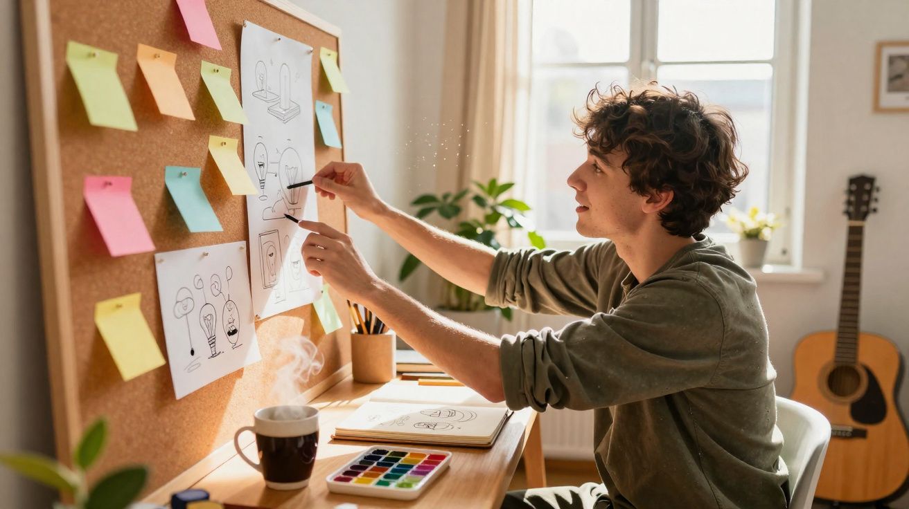 Jovem a trabalhar num projecto criativo, prendendo desenhos numa cortiça com post-its coloridos na mesa de trabalho.