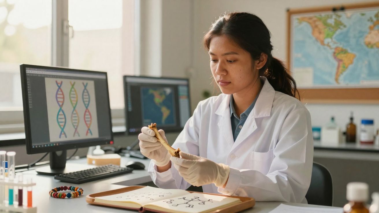 Mulher cientista em laboratório analisa osso, com imagens de ADN e mapa em monitores ao fundo.