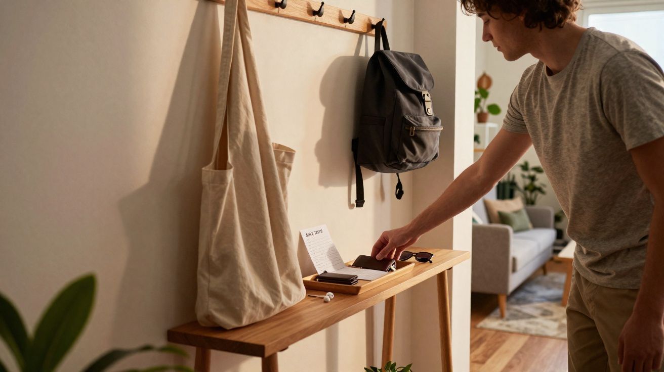 Homem recolhe objetos numa consola de madeira numa entrada com mochilas penduradas na parede.