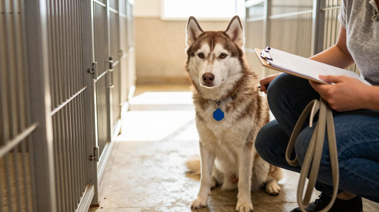 Cão husky sentado ao lado de pessoa com bloco de notas na mão, em abrigo de animais.