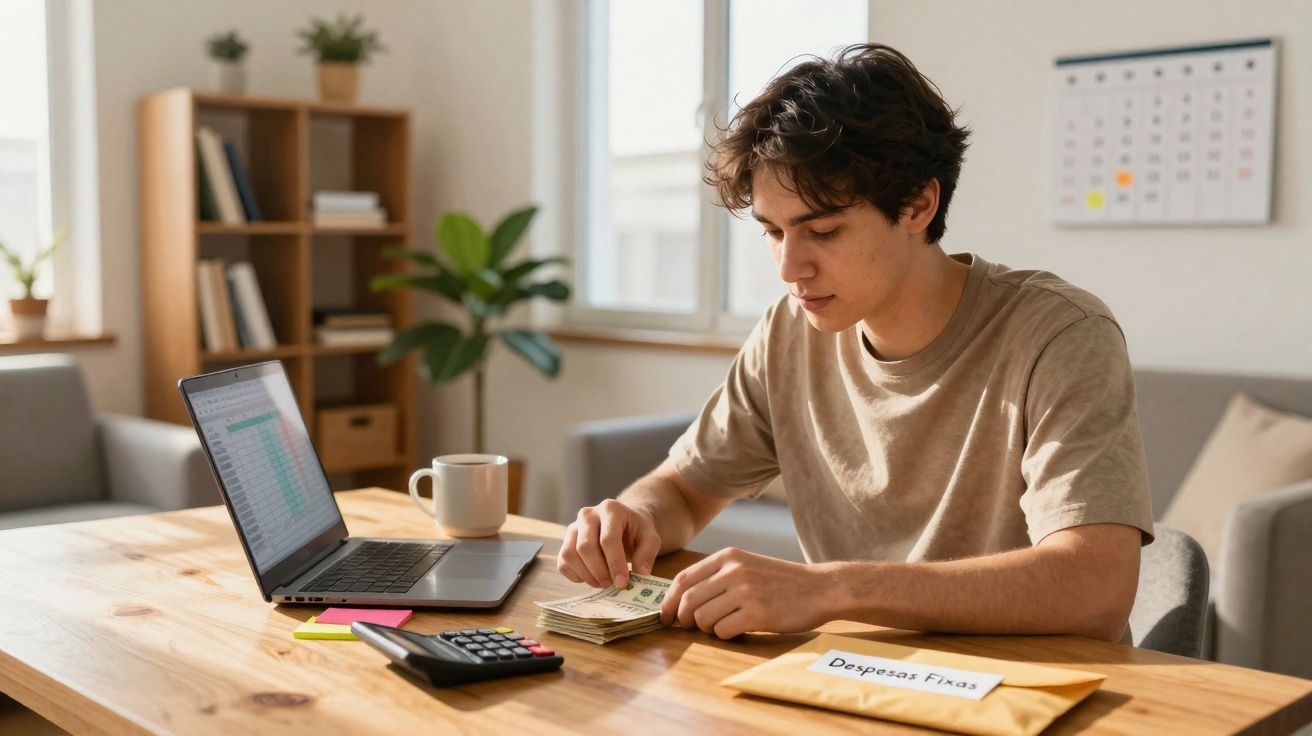 Jovem a contar dinheiro numa mesa com computador, calculadora e envelope identificado como despesas fixas.