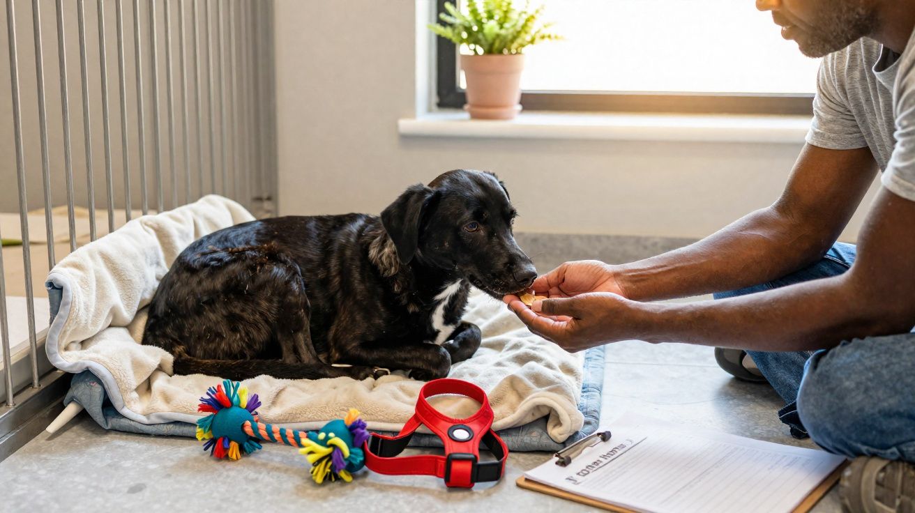 Homem alimenta cão preto deitado numa manta junto a brinquedo e trela vermelha em ambiente interior.