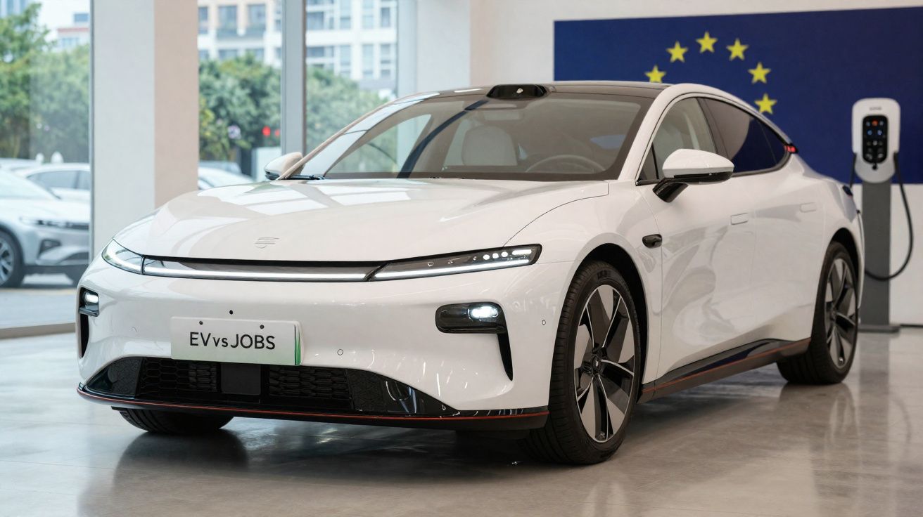 Carro elétrico branco moderno estacionado num showroom com carregador e bandeira da União Europeia ao fundo.