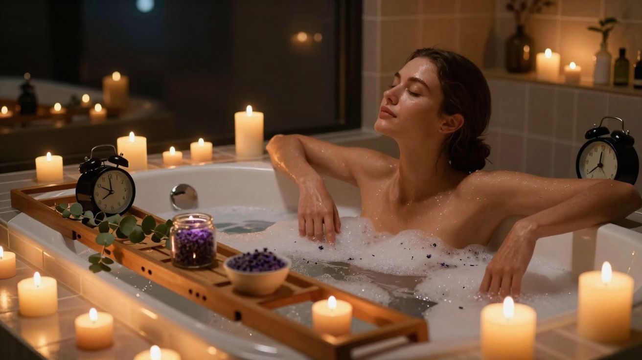 Mulher relaxa em banho de espuma com velas acesas e fragrâncias num ambiente calmo e acolhedor.