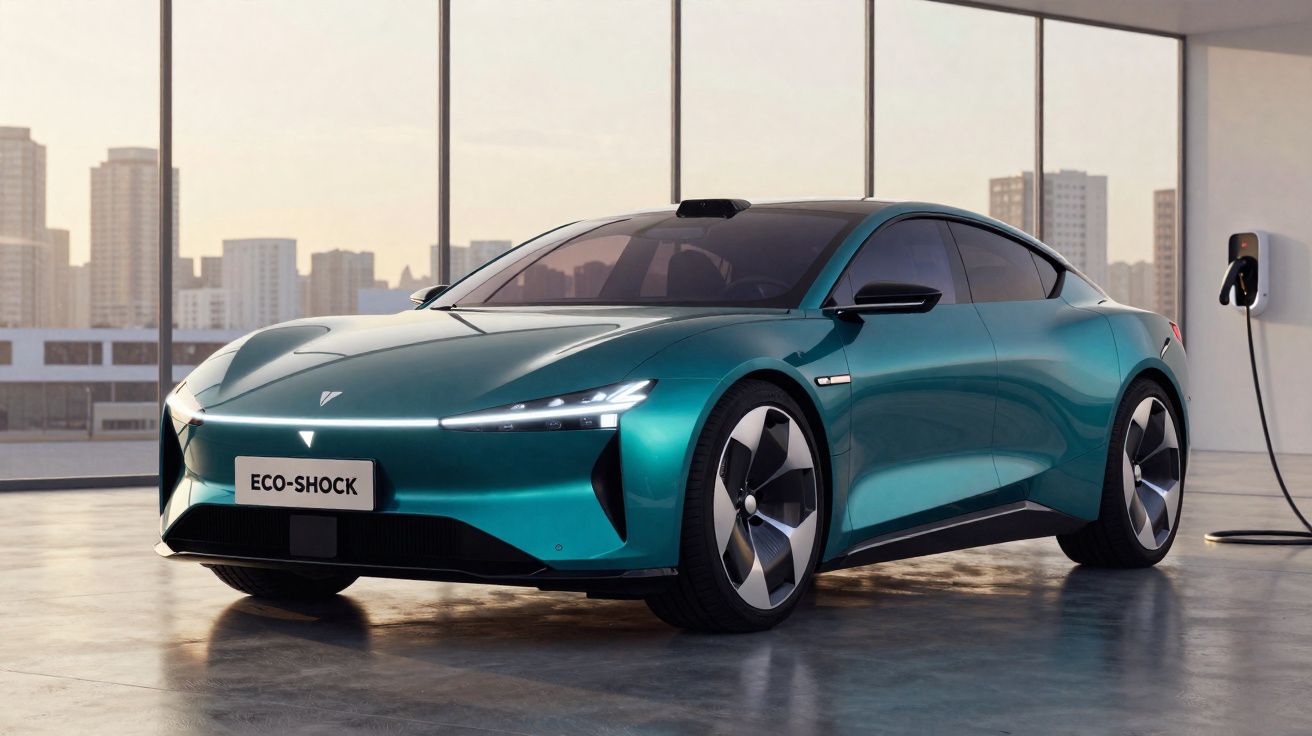 Carro elétrico desportivo verde com design futurista estacionado num espaço interior com janelas e estação de carregamento.