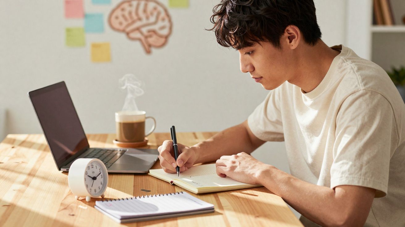 Jovem sentado a escrever num caderno com computador portátil, relógio e chá quente numa mesa de madeira.