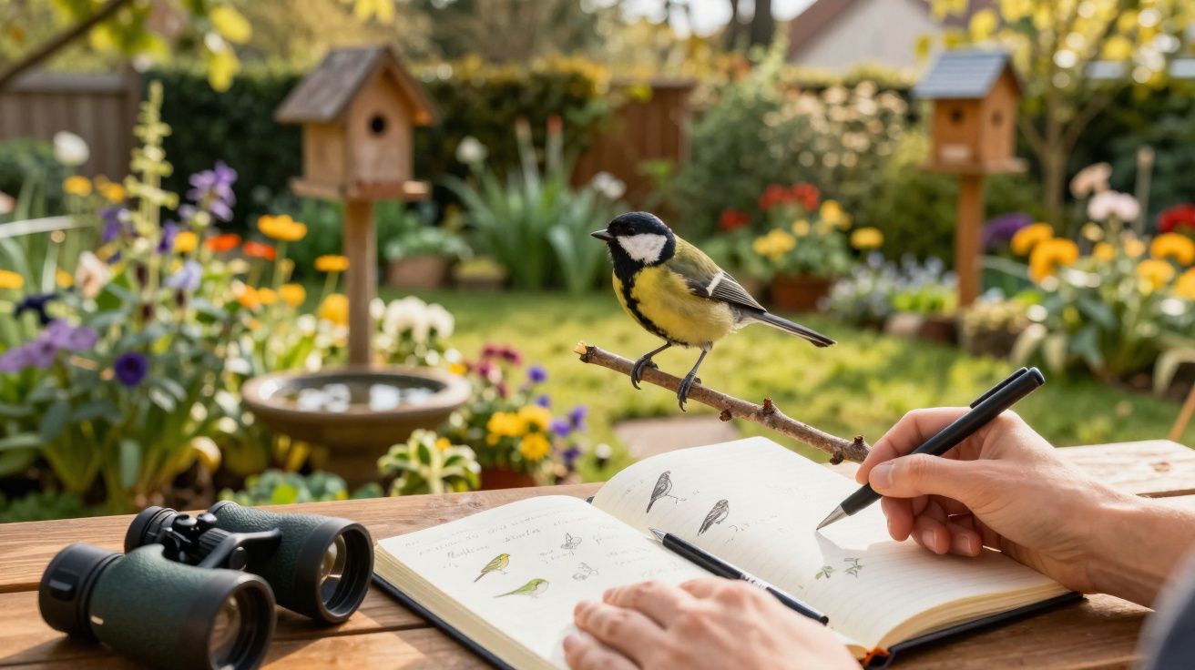 Pássaro pousado em ramo, mãos a desenhar aves num caderno, binóculos e jardim florida ao fundo.