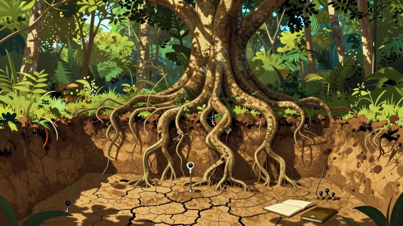 Raízes expostas de uma árvore grande numa floresta com chão seco e rachado e objetos pelo chão.