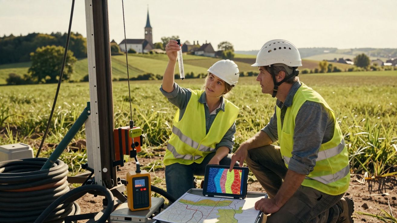 Dois técnicos de campo com coletes e capacetes examinam amostra de solo e analisam dados numa zona rural.