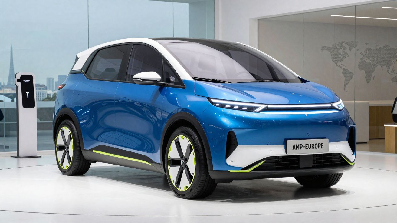 Carro elétrico compacto azul e branco exposto em ambiente moderno com posto de carregamento ao fundo.