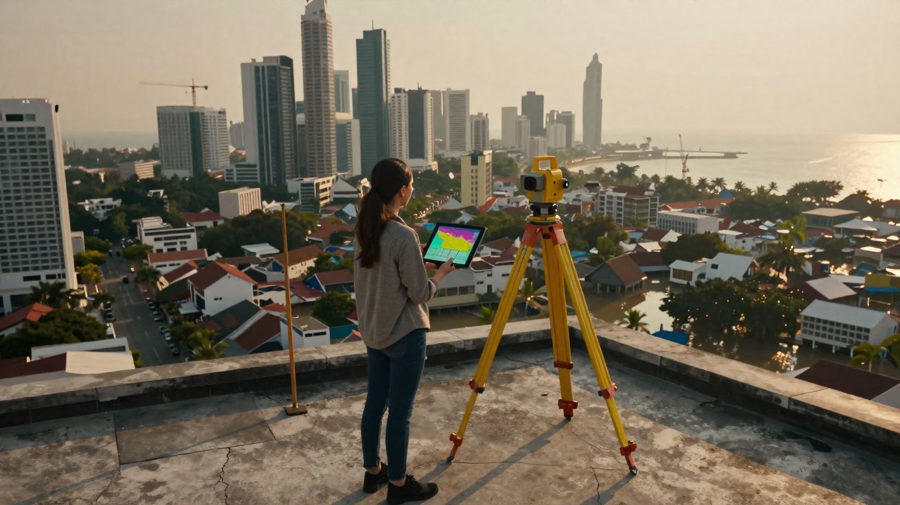 Mulher com tablet junto a equipamento de topografia no telhado, com vista panorâmica da cidade e mar ao fundo.