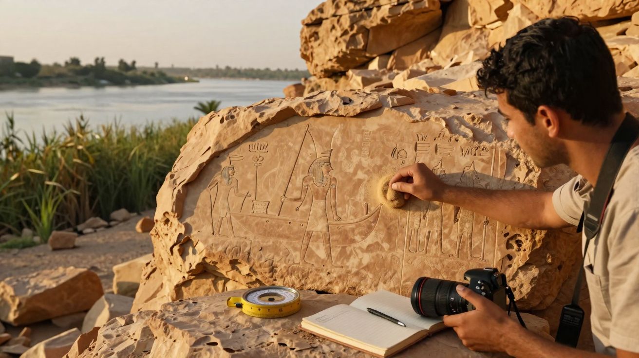 Homem a documentar gravuras rupestres antigas numa rocha perto de um rio, com caderno e câmara fotográfica.