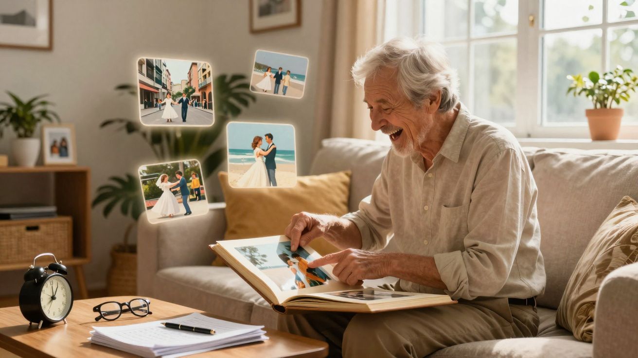 Idoso alegre a recordar casamento através de álbum de fotografias numa sala iluminada.